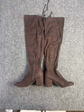 Womens Brown Faux Suede Over Knee Boots Block Heel Side Zip Drawstring Tall